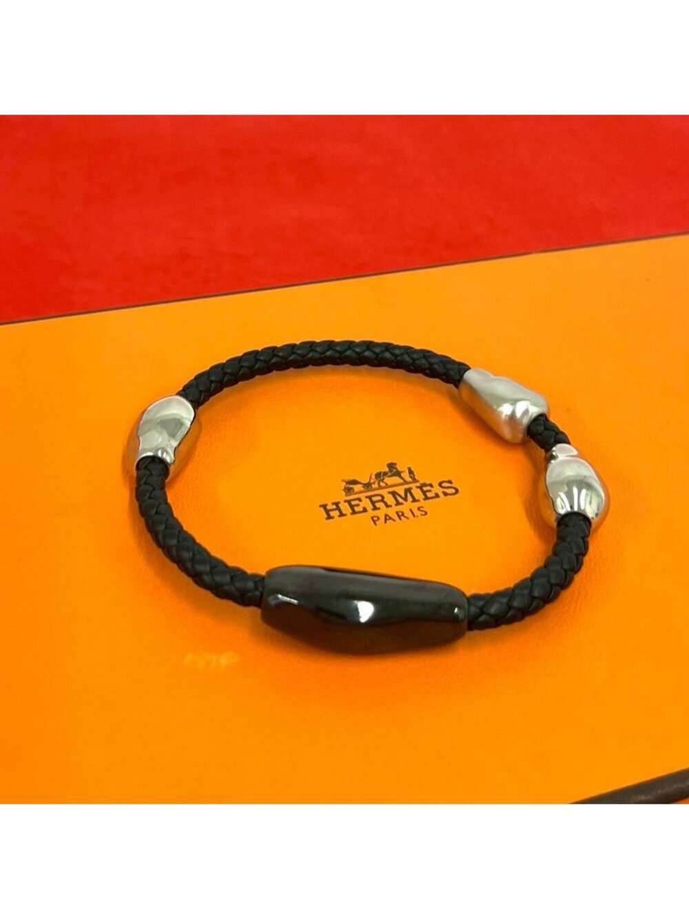 Hermes Wave Bracelet Leather Black Silver
